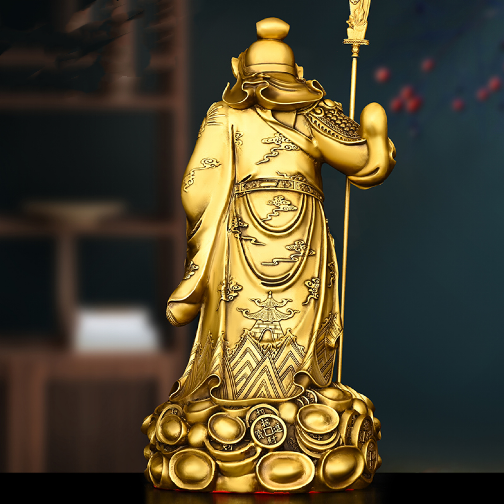 Brass Statue Of Guan Di With Yuan Bao In His Hand