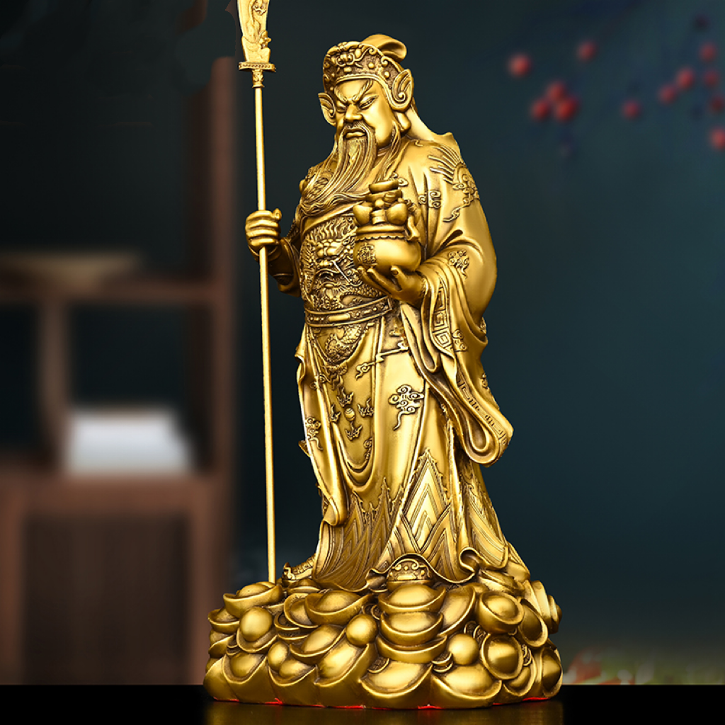 Brass Statue Of Guan Di With Yuan Bao In His Hand