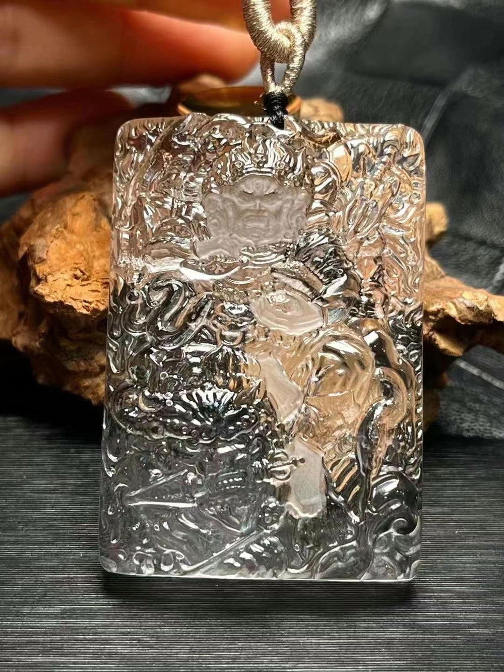 Pure Natural White Crystal With A Carving of The God of Wealth.