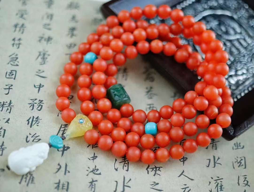 BaoShan South Red Agate 108 Beads and Necklace