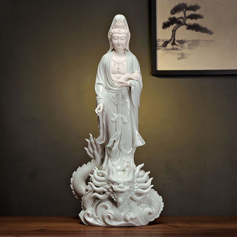 Handmade White Ceramic Dragon Guanyin