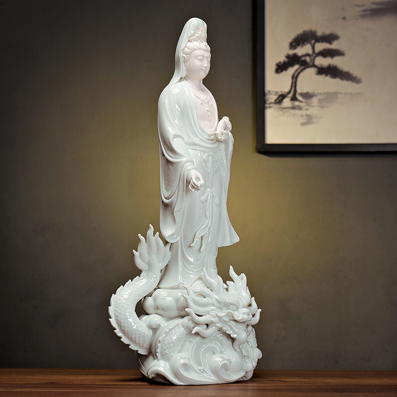Handmade White Ceramic Dragon Guanyin