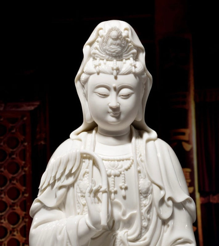 Handmade White Ceramics Sitting Lotus Guanyin