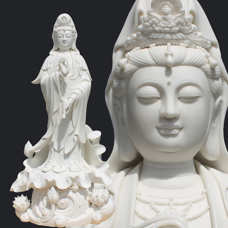 Handmade White Ceramic Guanyin with Lotus Flower in Treasure Vase