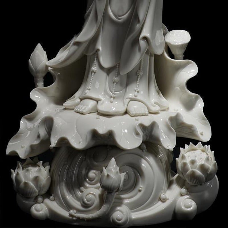 Handmade White Ceramic Guanyin with Lotus Flower in Treasure Vase