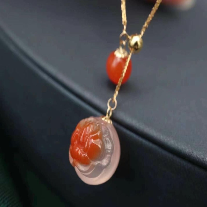 18k South Red Agate Peony Pendant