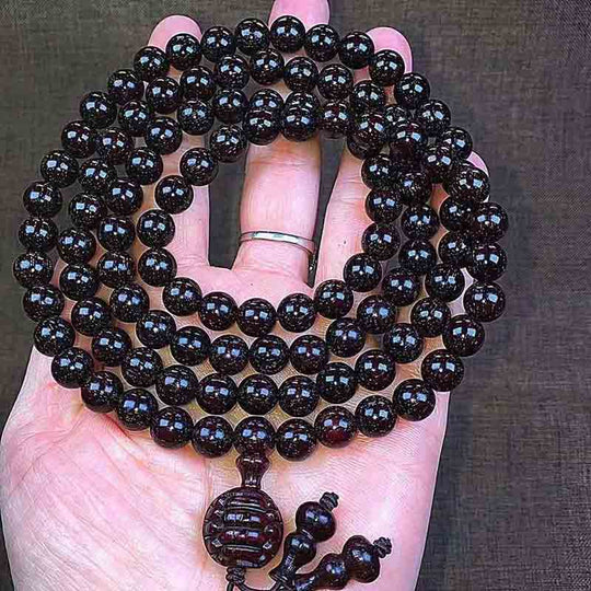 Traditional Indian rosary  Handcrafted Santalinus rosary  Glassy species accents  Meditation beads  Hindu prayer beads  Spiritual rosary  Indian wood prayer beads  Religious rosary  Natural wood rosary  Japa mala beads  Indian meditation tool  Red sandalwood rosary  Healing rosary beads  Chanting beads