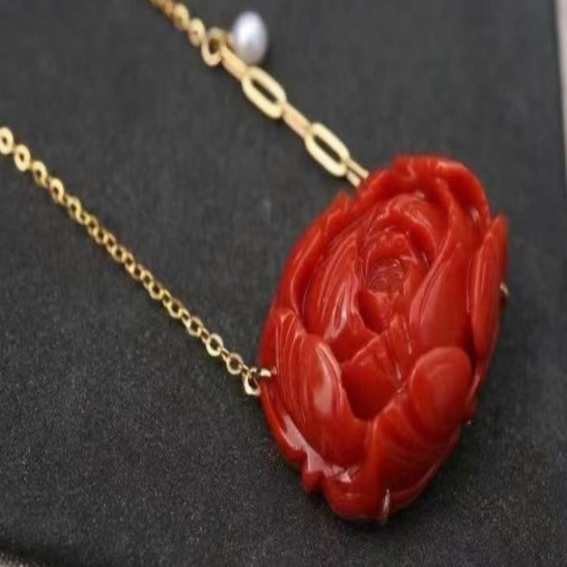 Natural South Red 18ct gold peony pendant (Series 1)