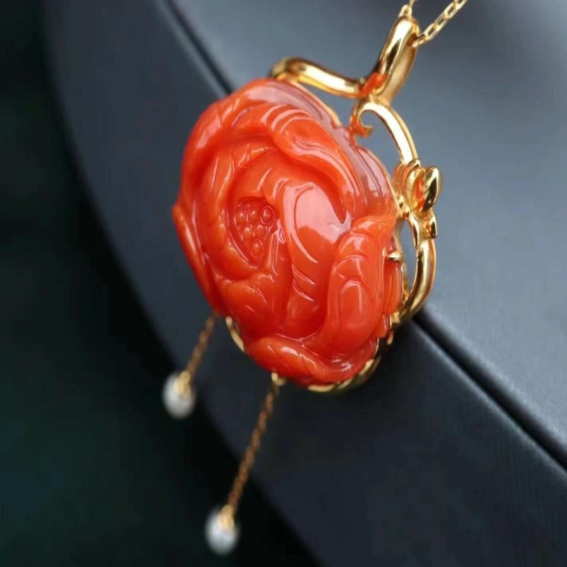 Natural South Red 18ct gold peony pendant (Series 2)