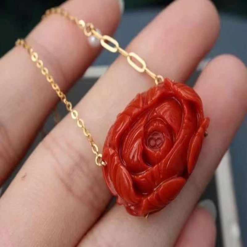 Natural South Red 18ct gold peony pendant (Series 1)