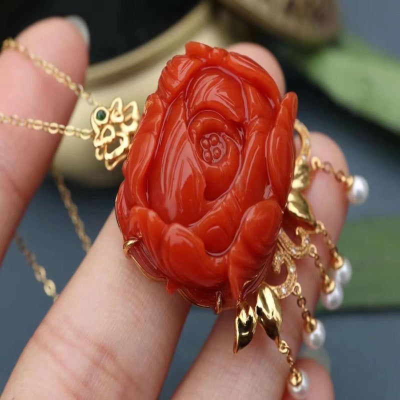 Natural South Red 18ct gold peony pendant (Series 3)