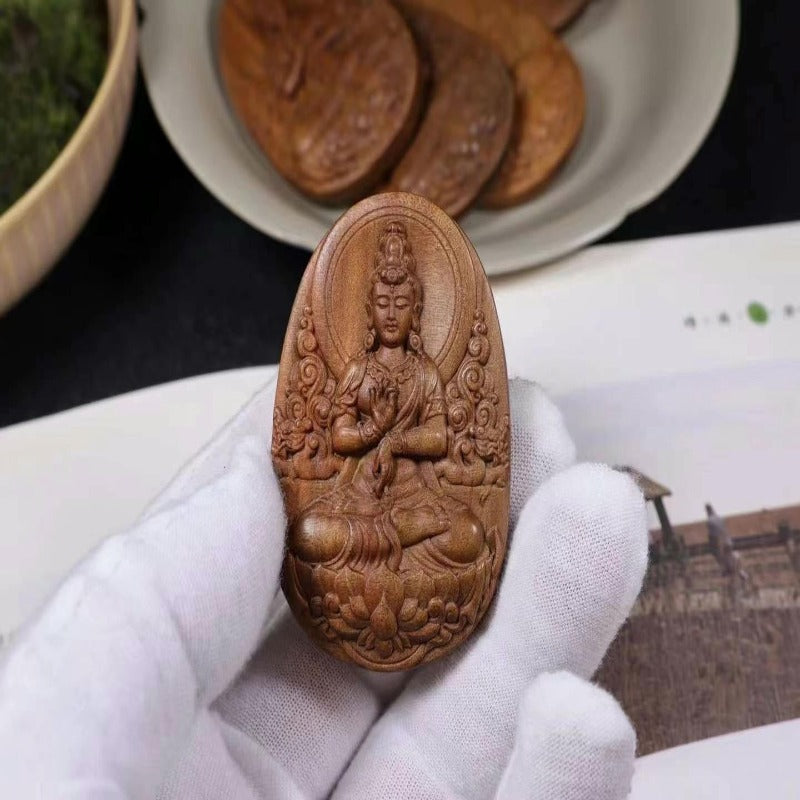 LaoShan Sandalwood Lotus Avalokitesvara Ornament And Pendant For Dual Purpose