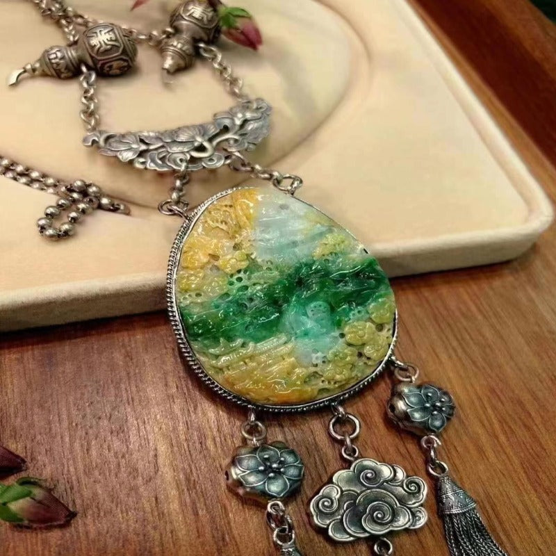 Natural Tri-Colour Jadeite Necklace With Landscape Scene