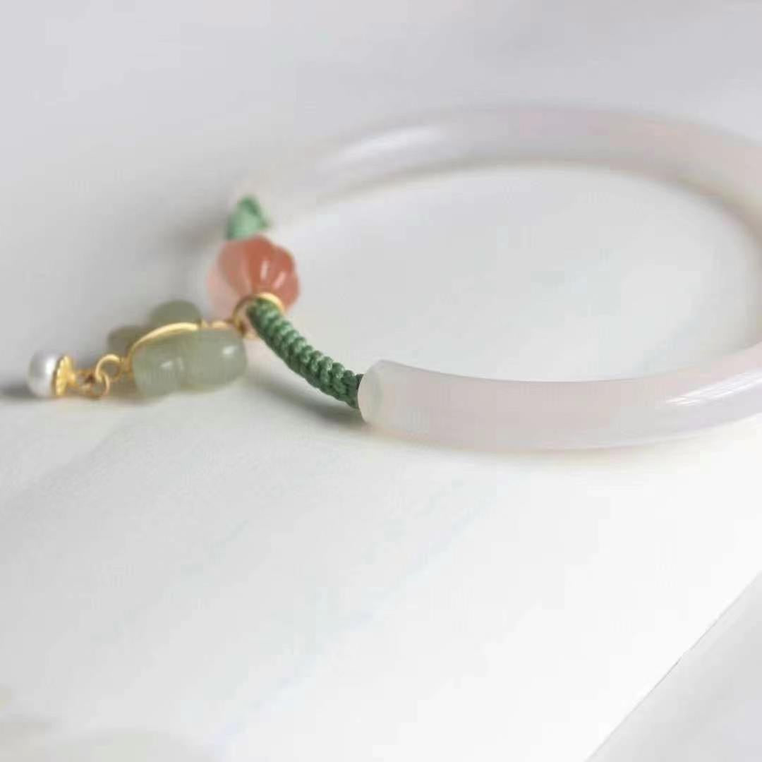Natural Chalcedony Bracelet Braided Rope Half Bangle And Half Chain.